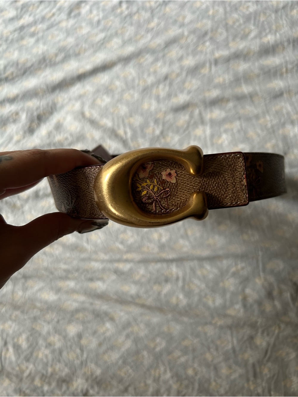 Coach Brown Floral Signature Leather Belt with Gold 'C' Buckle